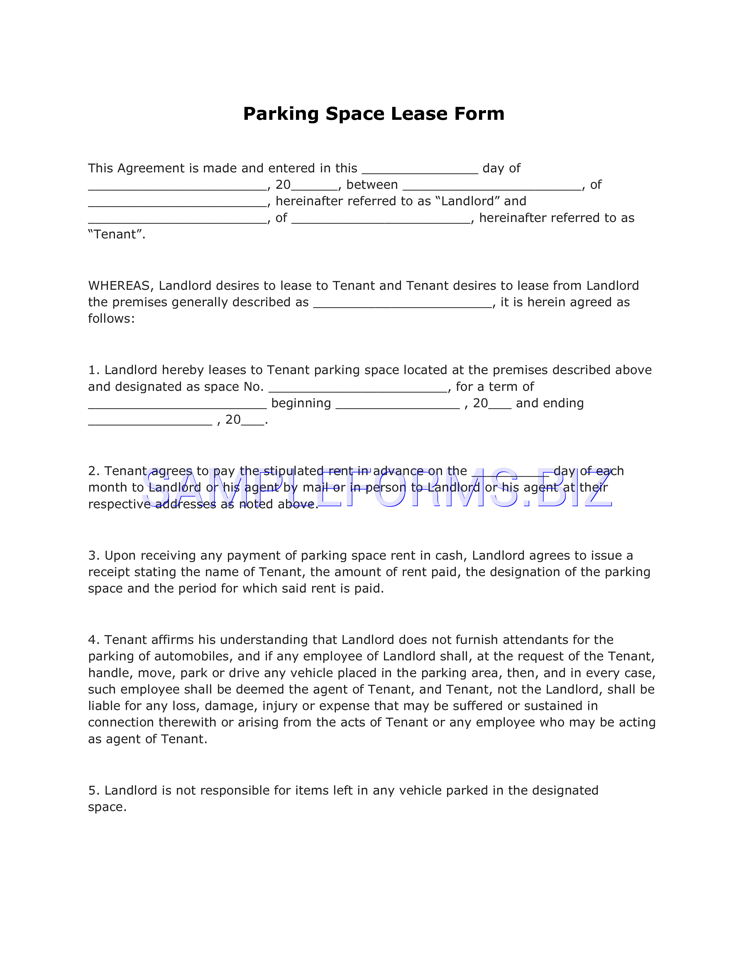 Preview free downloadable Parking Space Lease Form in PDF (page 1)